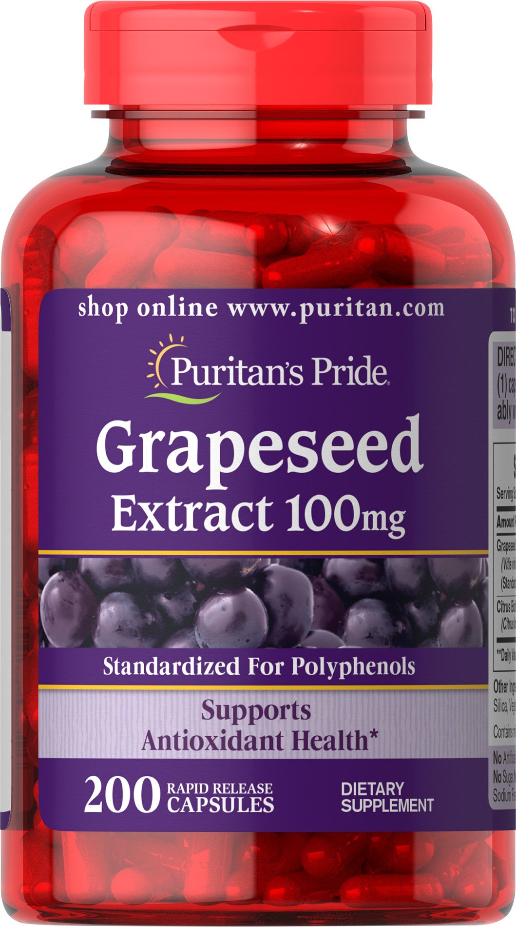 Puritan’s Pride Grapeseed Extract 100mg with Citrus Bioflavonoid Complex, Dietary Supplement for Antioxidant and Heart Health Support, 200 Rapid Release Capsules