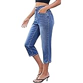 luvamia Capri Jeans for Women Trendy High Waisted Side Slit Casual Relaxed Fit Stretchy Denim Summer Jean Capris Pants