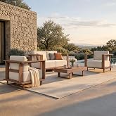 Sophia & William 5-Piece HDPE Patio Furniture Set with 9.8" Thick Cushion | Sectional Outdoor Conversation Sets with Wood Cof