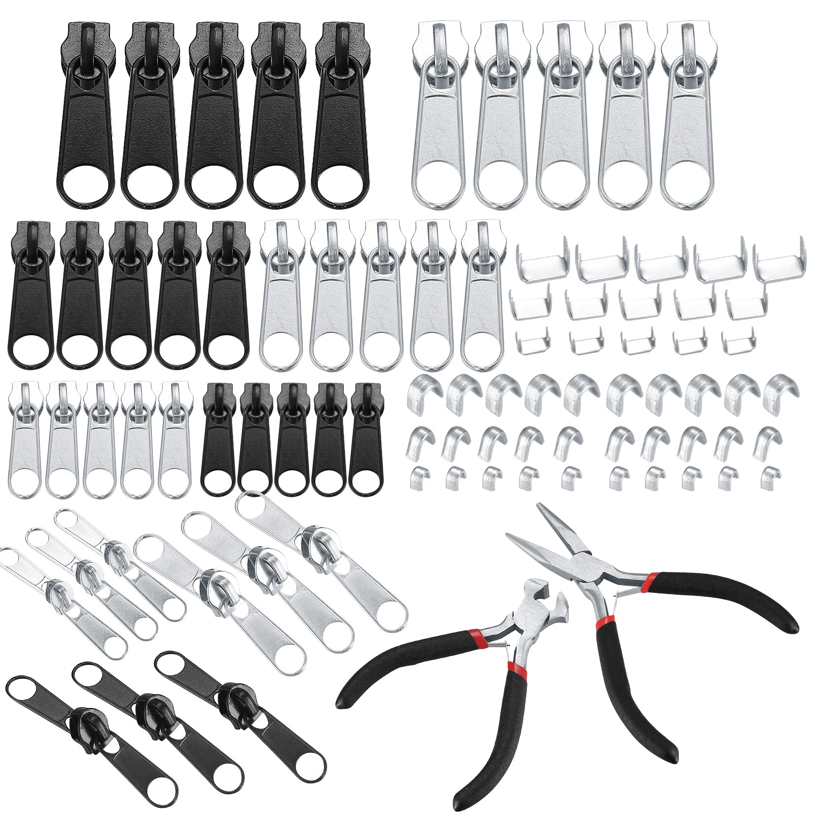 86-Piece Zipper Repair Kit - Metal Slider Replacement, Zip Puller Tabs Fixer, Pliers & Pulls Set for Jeans & Coats - Silver/Black