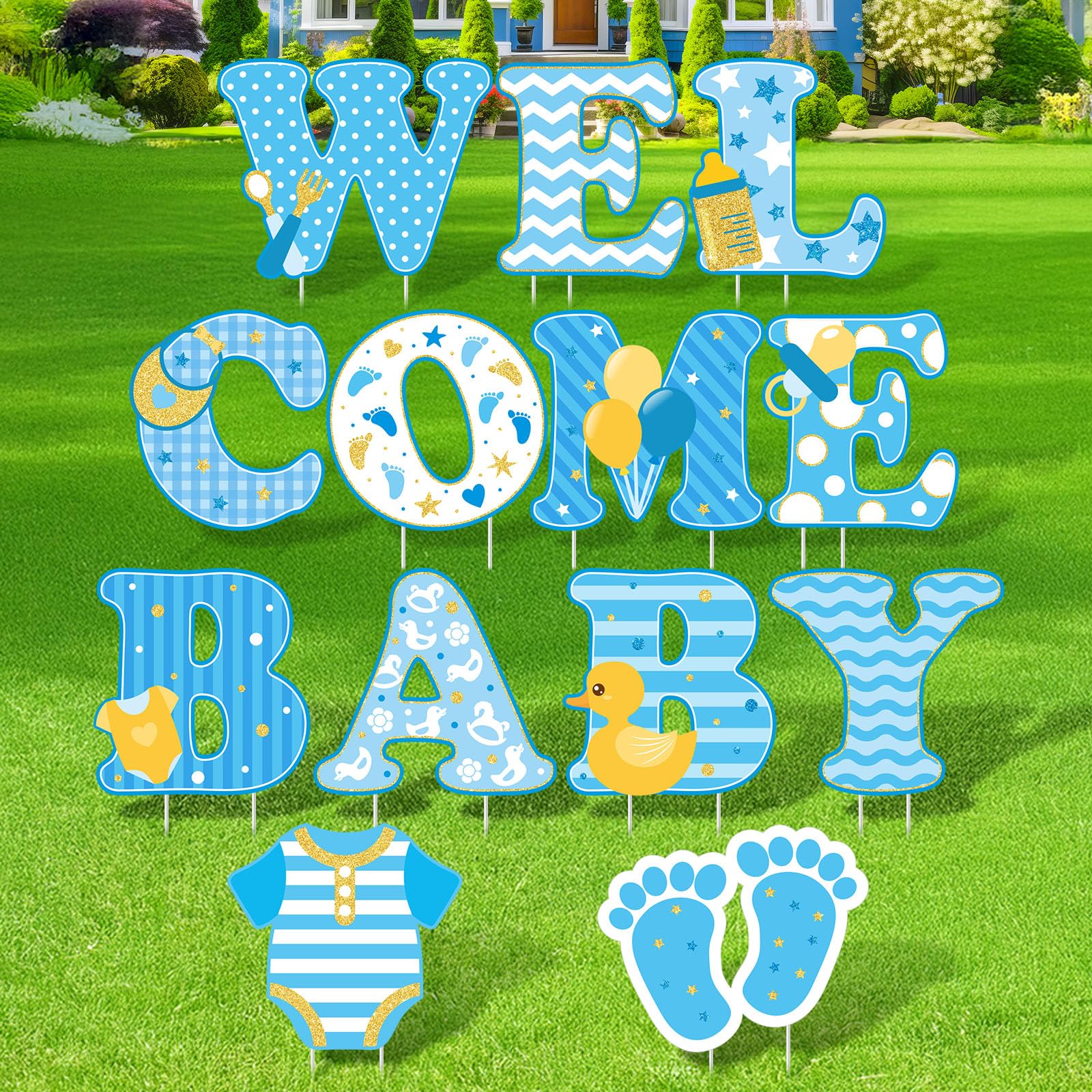 Photo 1 of 13 Pcs Baby Shower Yard Sign 'welcome Baby' Yard Signs with Stakes, 15 Inch Tall Girl boy Lawn Sign Gender Reveal Outdoor Decoration Welcome Home Newborn Announcement for Party Decorations (Blue)