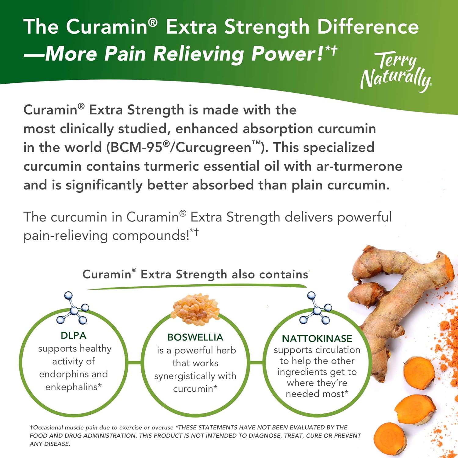 Terry Naturally Curamin Extra Strength - 120 Vegan Tablets - Non-Addictive Pain Relief Supplement with Curcumin from Turmeric, Boswellia & DLPA - Non-GMO, Gluten-Free - 40 Servings: Health & Personal Care