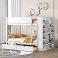 XD Designs Modern Bunk Bed Full Over Full Size with Large Storage Shelves, Solid Wood Bunk Bed Frame with 2 Drawers and Safety Guardrail for Kids Teens Adults, Maximized Space (White-MLC)