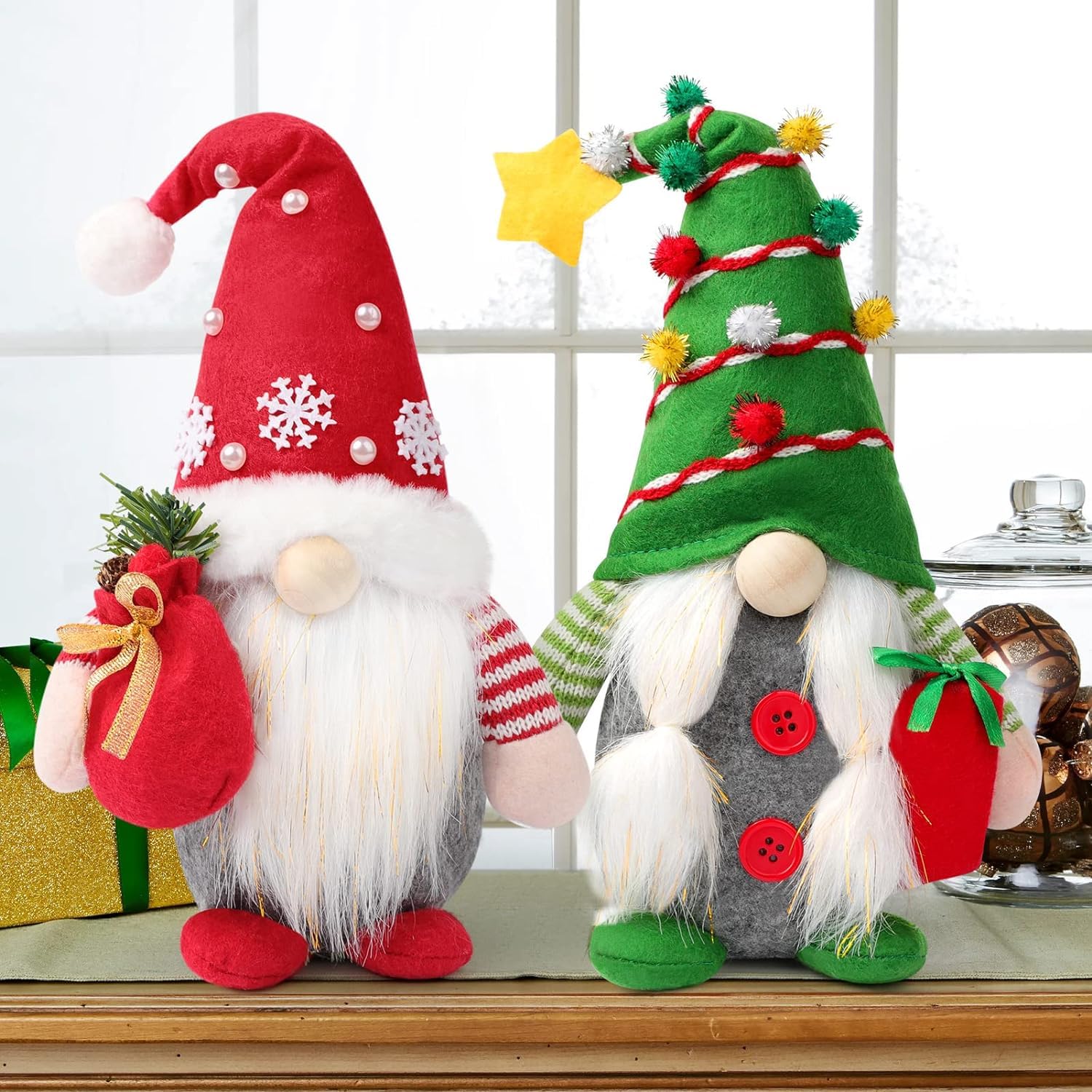Latern 2Pcs Christmas Gnome Plush Dolls, Swedish Tomte Christmas Tree Hat Sitting Gonk Dwarf Elf Doll for Xmas Fireplaces Office Party Decor (31cm x 15cm)