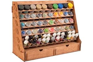 Plydolex Wooden Paint Rack Organizer with 65 Holes of 2 Sizes for Citadel, Vallejo, Tamiya Paint Bottles, 30 Holes for Painting Brushes and 2 Drawers for Miniature Tools - Works for Wall and Desk Use