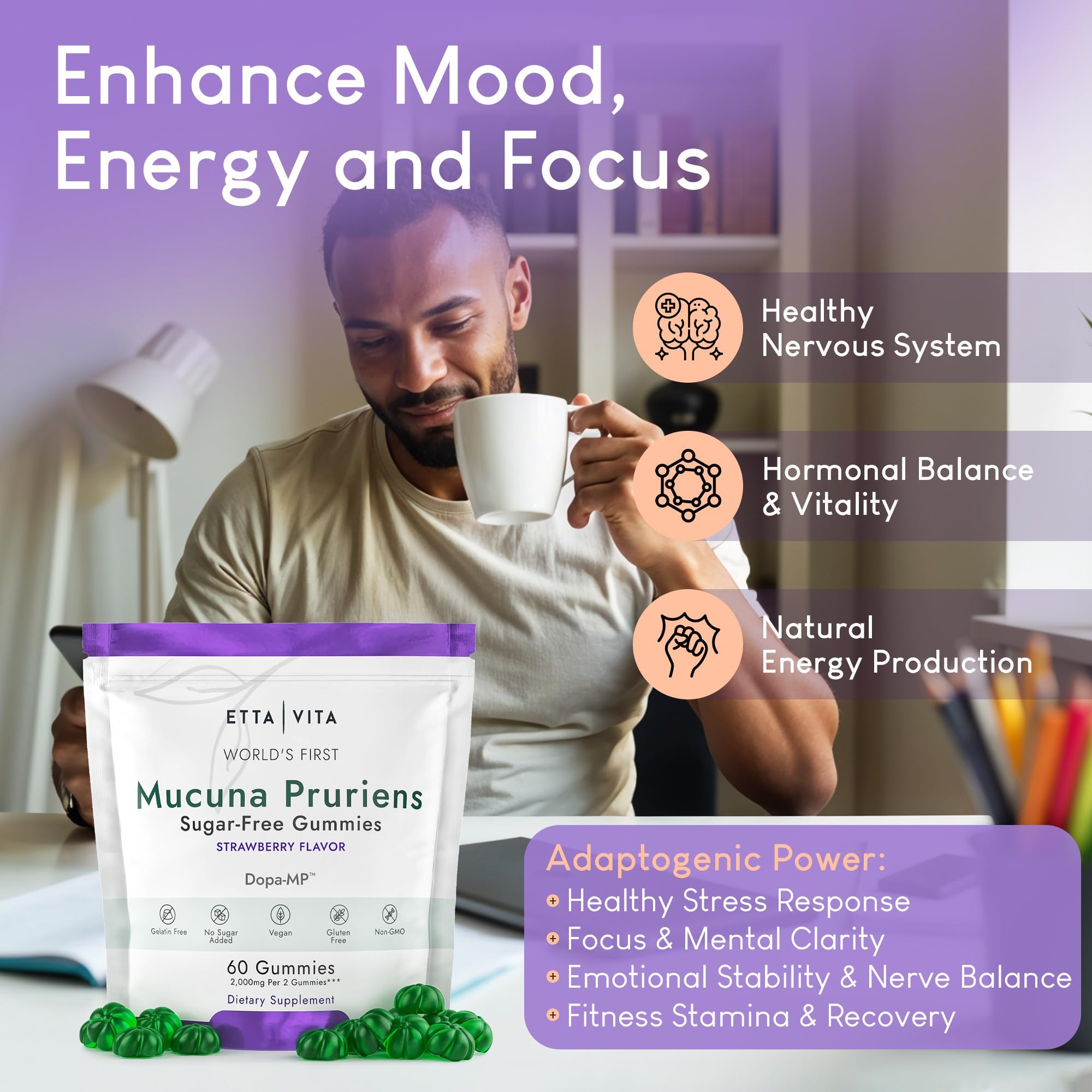 Dopamine Supplement - Sugar-Free Mucuna Pruriens Gummies (2g/serving) Energy & Focus Gummies - Potent Mucuna Pruriens Extract Supplement for Calm Mood and Motivation, Vegan, Non-GMO, Gluten-Free, 60ct