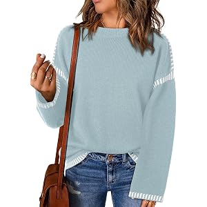 Dokotoo Sweaters for Women Crewneck Long Sleeve Contrast Cable Knit Tops | Early Fall Fashion, Solid Loose Fit Pullover Sweat