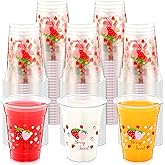 Potchen 50 Pcs 12 oz Strawberry Disposable Plastic Cups Strawberry Flower Clear Plastic Cups Pink Red Party Favors for Birthday Baby Shower Summer Fruit Party