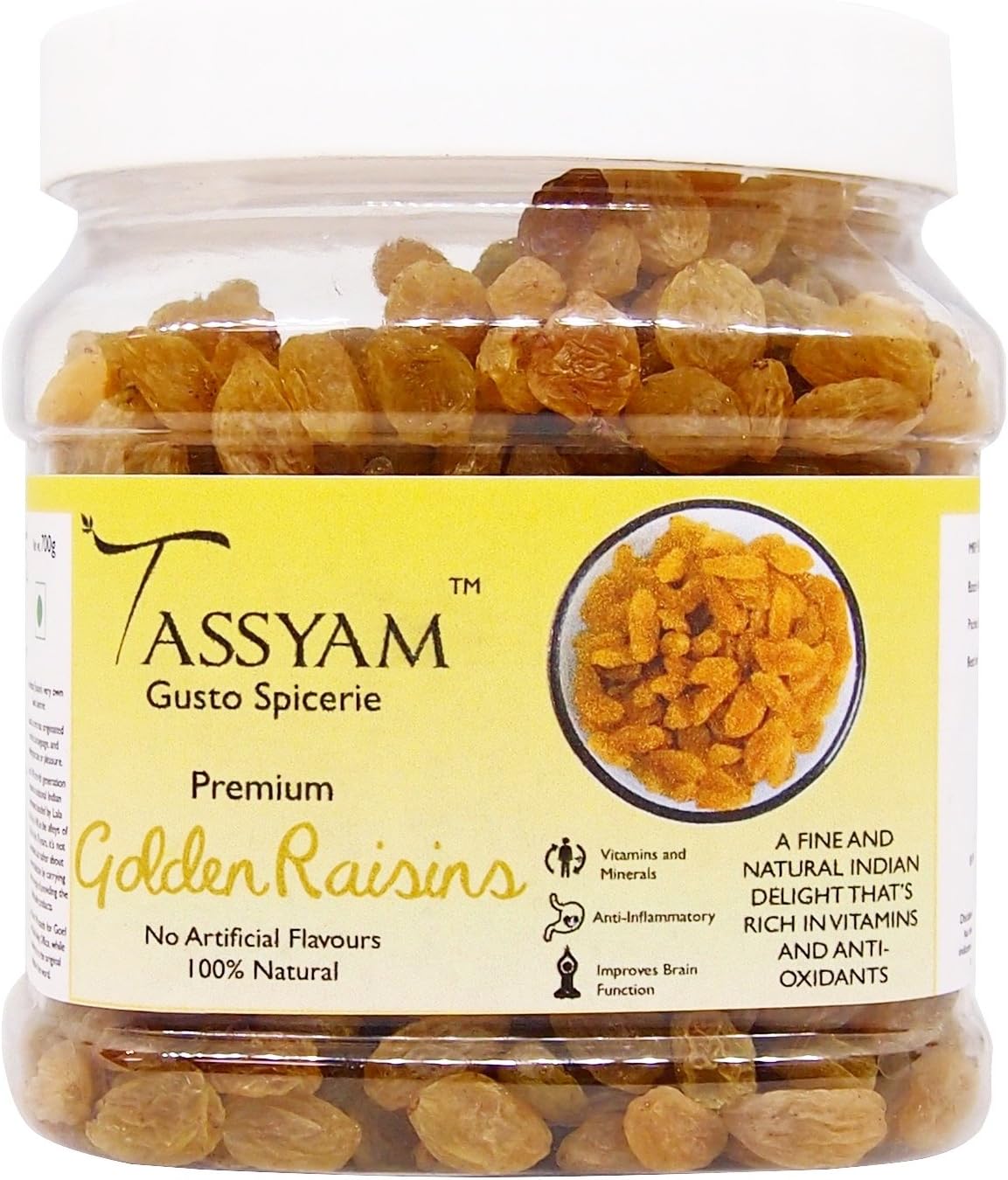 TASSYAM Golden Raisins Healthy Juicy Hand-Sorted Jumbo Indian Kishmish Jar, 700g