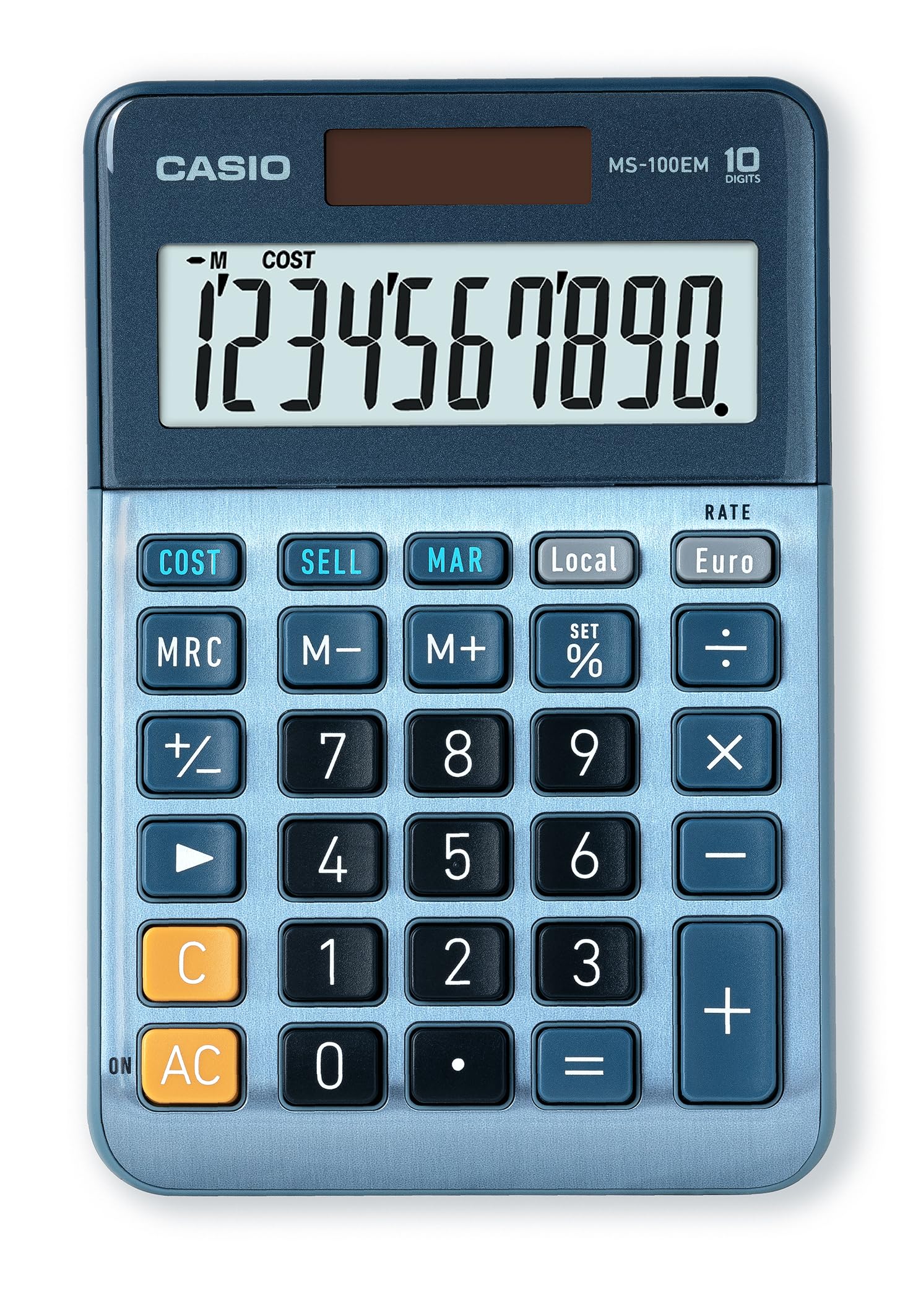 CASIO MS-100EM Desktop Calculator 10 Digit Currency Conversion Cost/Sell/Margin, Aluminium Front, Solar/Battery Operated, blue