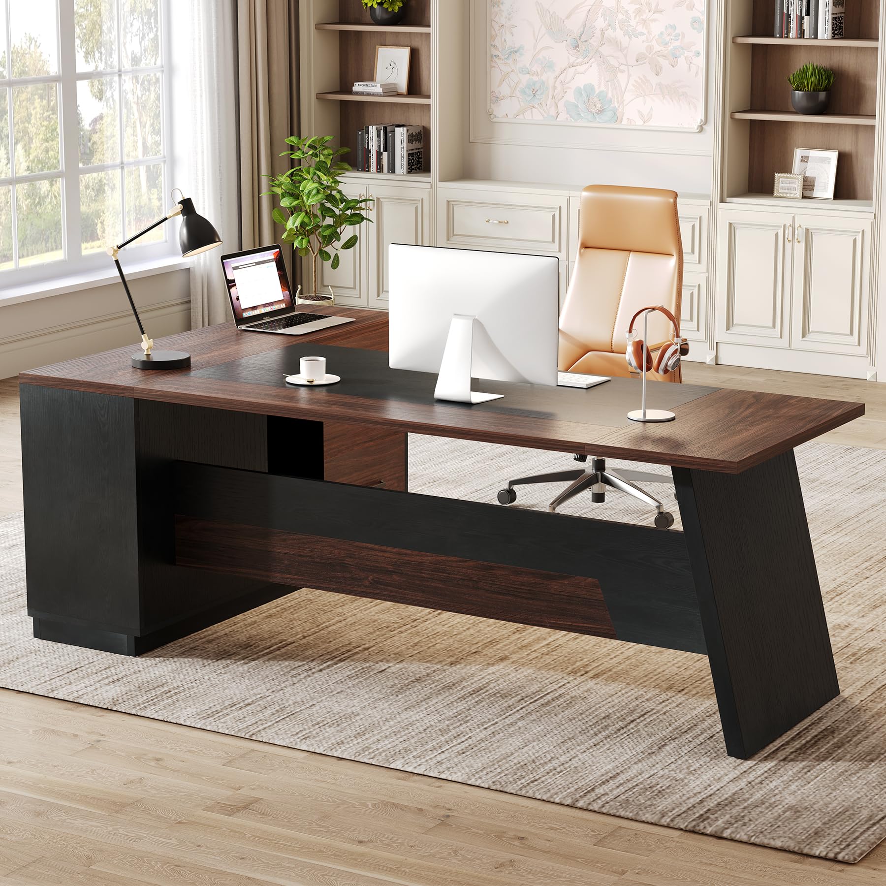 Photo 1 of LITTLE TREE 78-Inch Executive Office Desk with File Cabinet, Large Modern Corner Office Desk for Home Office, 3-Drawer Wood File Cabinet, Spacious Workstation for Home Office (Brown & Black)