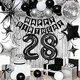 28th Birthday Decorations for Men Women, Black Silver Happy Birthday Party Decorations, 28 Year Old Party Supplies with Number 28 Balloons, Banner, Fringe Curtains Kit