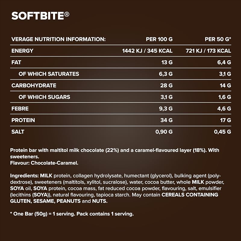 Barra de Proteína SoftBite Chocolate Caramel, 12 × 50 g – Textura extra suave, rica em proteína e fibra, sem açúcares adicionados, ideal para consumir com o uso