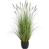 KOL 4ft Artificial Cattail Grass, 47.2in Artificial Indoor Outdoor Fake Onion Plant, Home Office Decor Floor Plants & Flowers in Pot Faux Plant Greenery, Housewarming Gift Reed Grass, Green