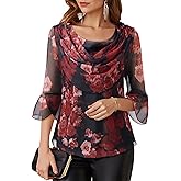 Lotusmile Blouses for Women Dressy Casual 3/4 Sleeve Cowl Neck Sparkly Tops Cocktail Shirts for Evening Party