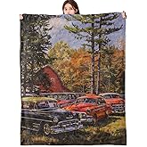vnlvnl Vintage Classic Car Blanket Lightweight Flannel Blankets Gifts for Adults Countryside Scene with Colorful Foliage and Vehicles Printed Throw for Couch Office Bedroom Fall Decor, 60x50inch