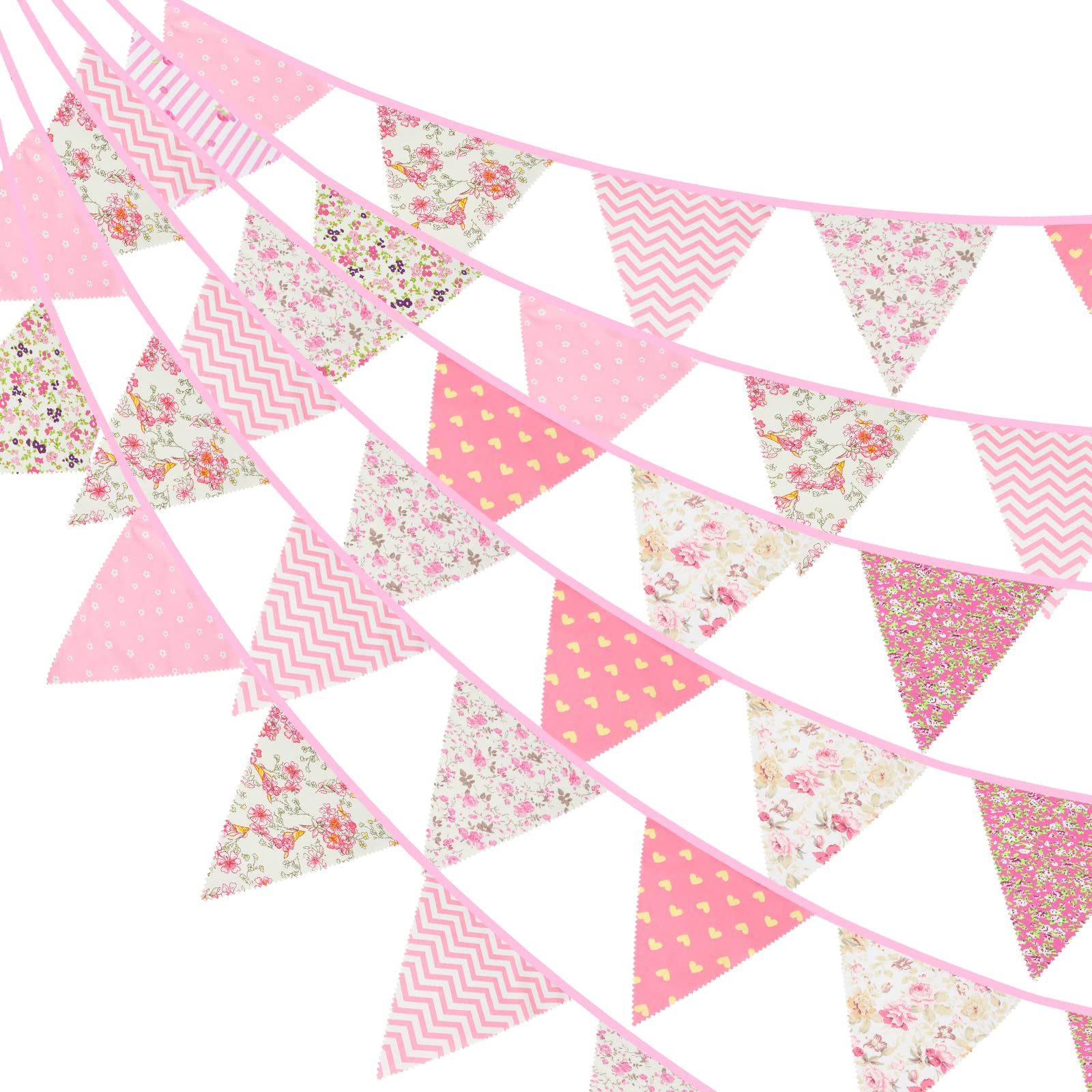 G2PLUS 12M Pink Floral Bunting, 42PCS Fabric Bunting Garland, 19x21CM Large Reusable Cotton Triangle Banner for Garden Tea Wedding Baby Shower Birthday Parties — image 1