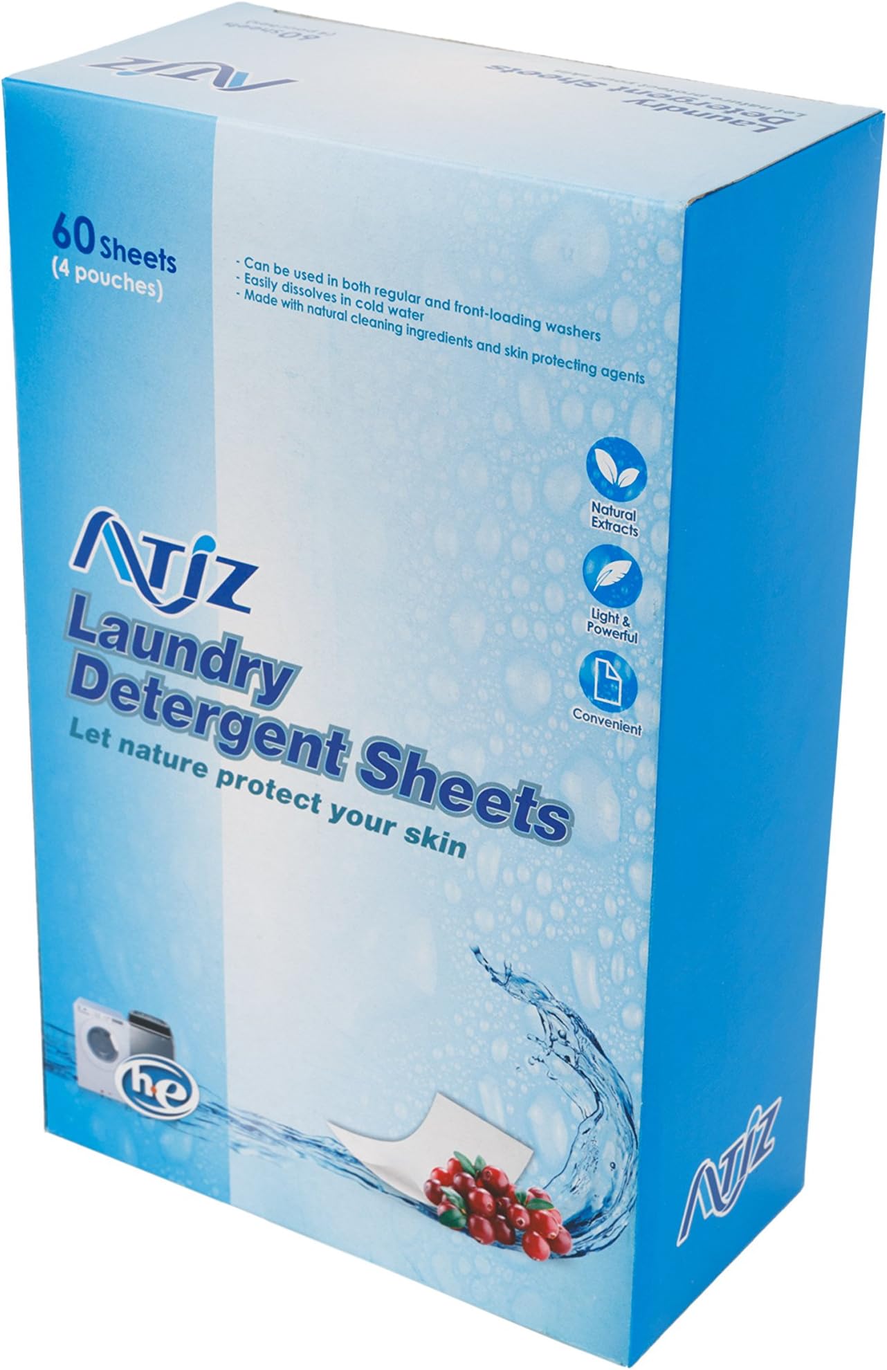 ATIZ Laundry Detergent Sheets 60 Count, Soapberry & Skin Protecting Agents, Eco Friendly, More Convenient Than Liquid or Pacs, Travel