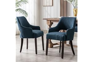 DM Furniture Farmhouse Dining Chairs Set of 2 Linen Kitchen Chairs with Arm Upholstered Accent Side Chair w/Wood Legs for Living Room/Dining Room/Bedroom/Restaurant, Blue