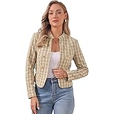 Allegra K Vintage Tweed Jackets for Women's Stand Collar Business Open Front Cropped Blazer Jacket