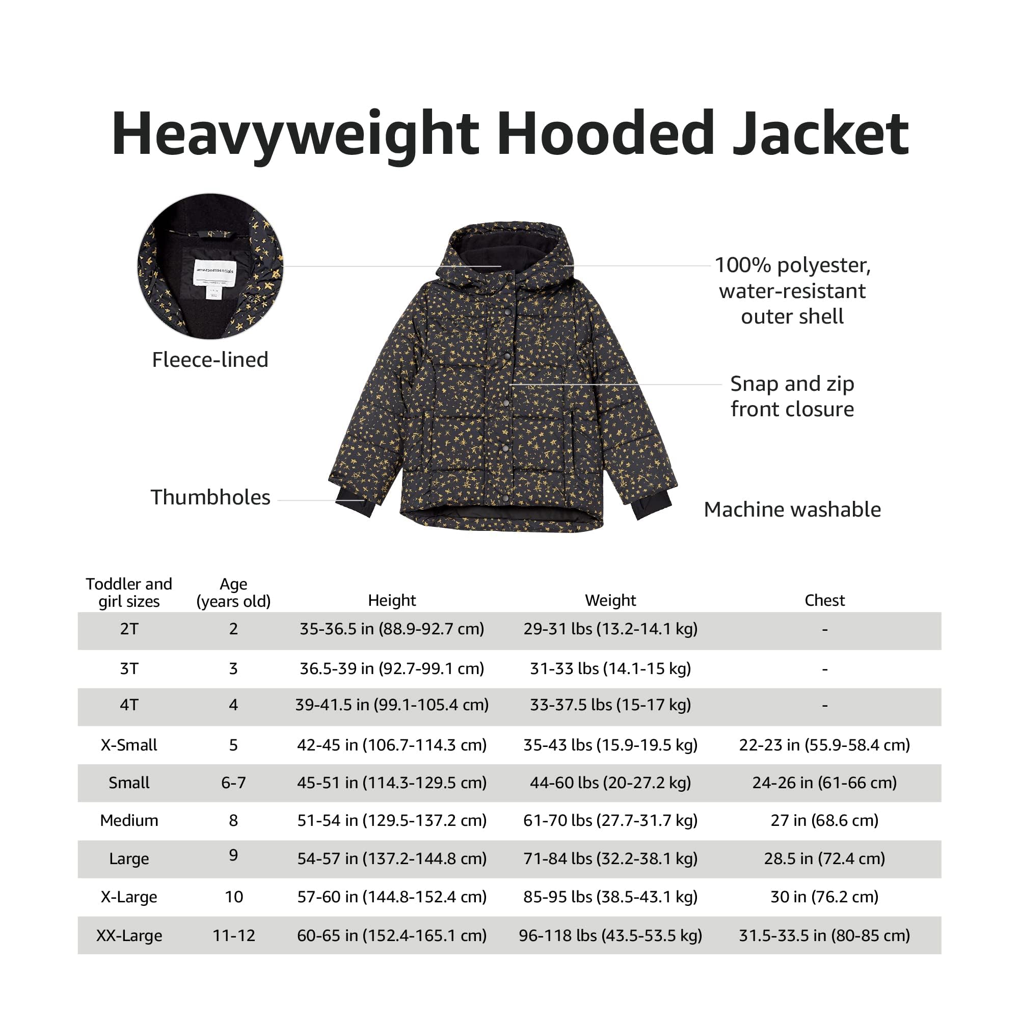 Amazon Essentials Girls and Toddlers' Heavyweight Hooded Puffer Coat, Water-Resistant