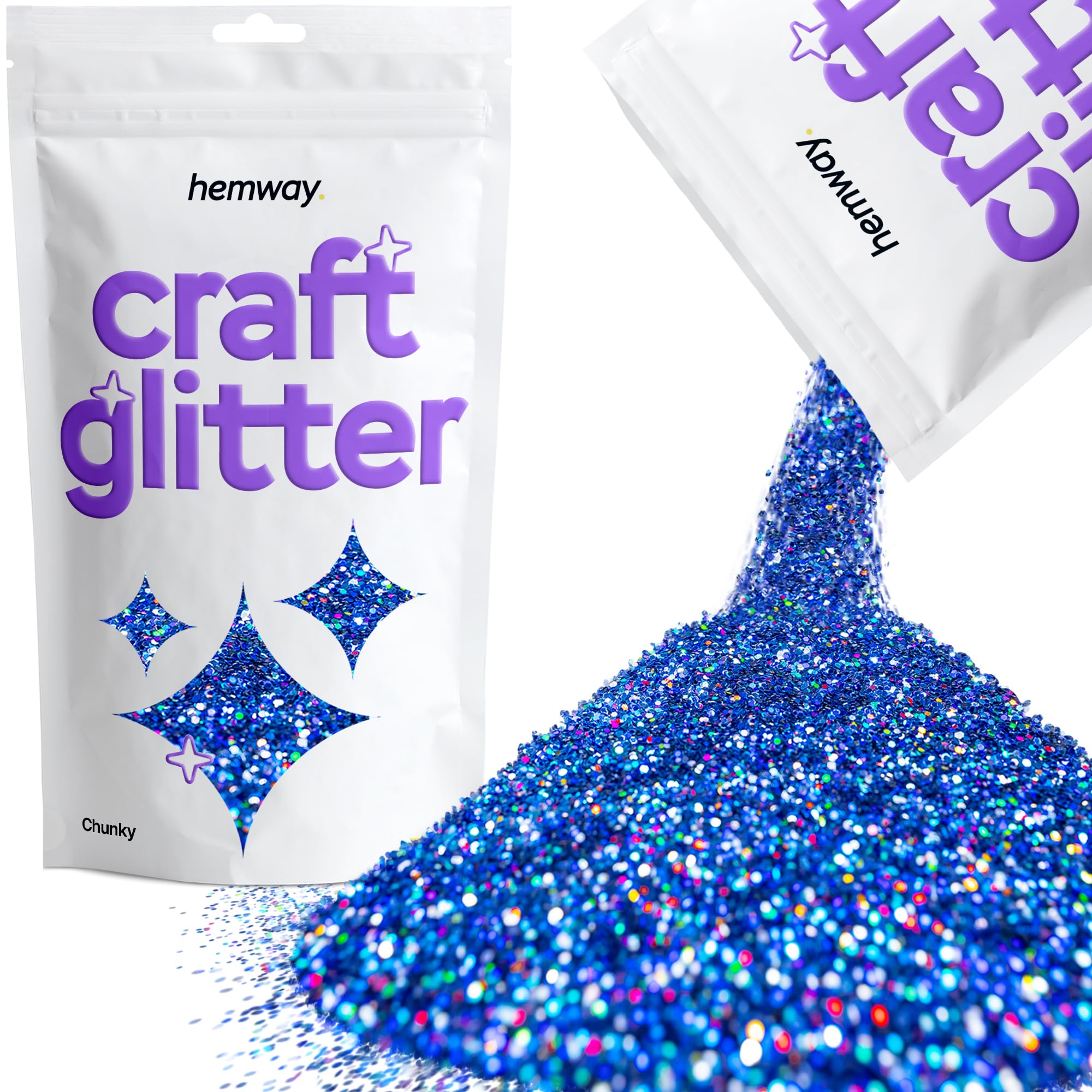 Hemway Craft Glitter Sapphire Blue Holographic 100g Chunky Glitter for Crafts, Resin, Cosmetic, Nail, Face, Body, Festival, Tumblers, Art, Candle, Crafting