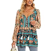 Vogebund Women's Floral Boho Tunic Tops Casual Long Sleeve Loose Beach Blouses Self-Tie V Neck T Shirts
