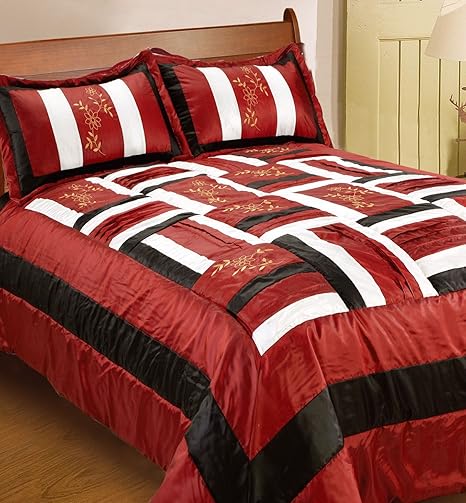 King 3pcs Luxury Red Patchwork Quilted Embroidered Bedspread