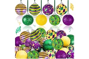 WHISTENFLA 16Pcs Mardi Gras Ball Ornaments, Shatterproof Mardi Gras Decoration Tree Balls for Holiday Ornaments New Orleans Party