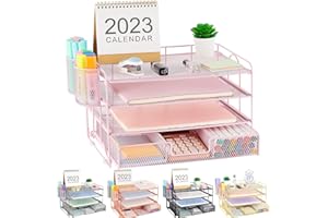 Spacrea Pink Desk Organizers and Accessories, File Organizer with 2 Pen Holders,Paper Organizer for Desk Organizers and Storage, Office Desk Accessories & Workspace Organizers