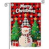 HOMETITUTE Merry Christmas Garden Flag Double Sided 12x18 Inch Burlap Winter Garden Flag Snowman With Red Scarf Trees Stars Plaid Background Seasonal Flags Christmas Holiday For Patio Lawn Decoration