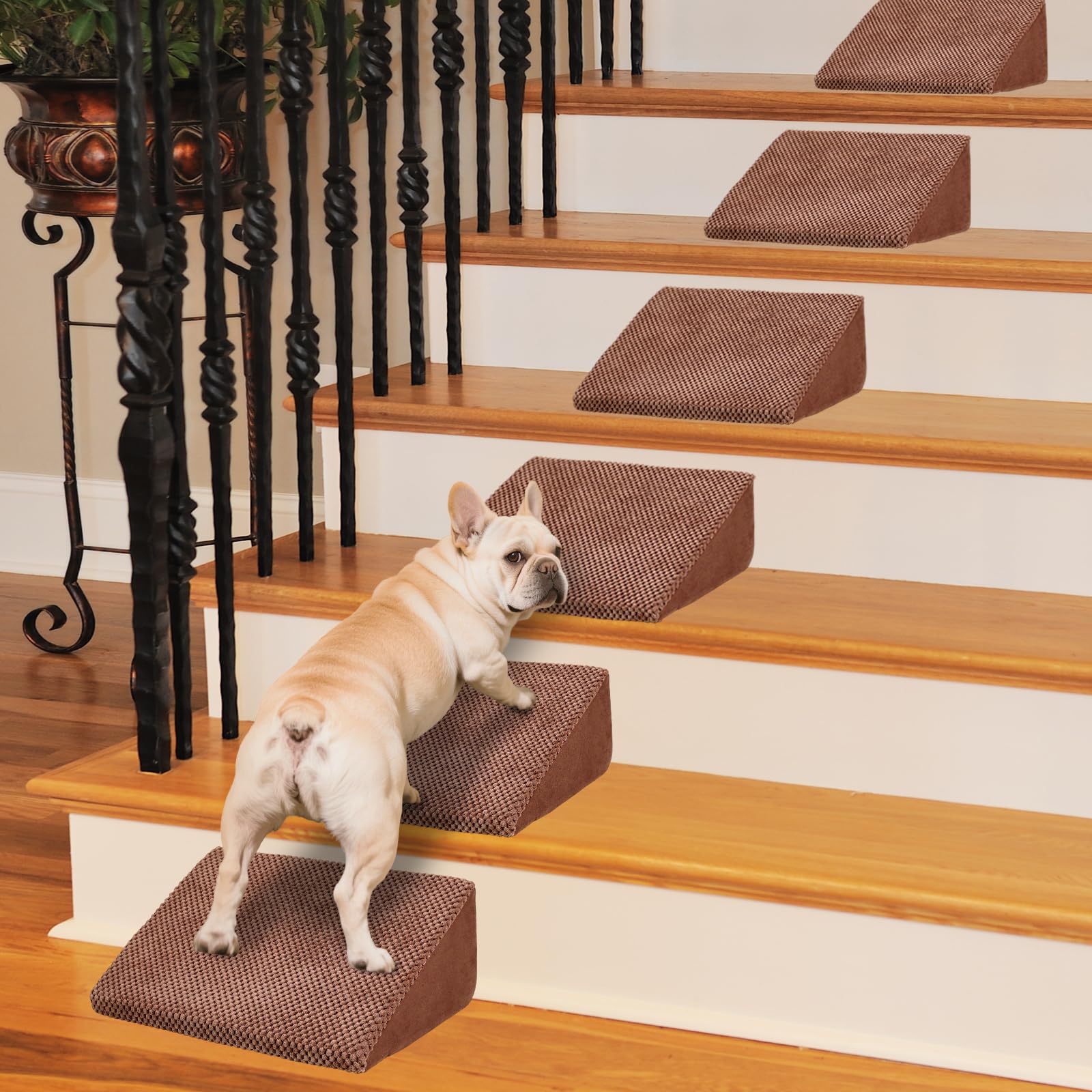 Photo 1 of 40D Density Foam Dog Ramp for Stairs Suits for Small Dogs Cats, Pet Steps Stairs for Staircase Stairs with Anti-Slip Bottom and Self-Sticky Pads to Fix(6Pack, Reddish Brown)