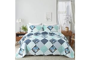 Dinjoy Floral Plaid Patchwork Quilt Set Queen Size, Reversible Blue Green Bedding Set Soft Microfiber Lightweight Bedspread Coverlet 3 Piece Spring Summer Use (96x90 inches)