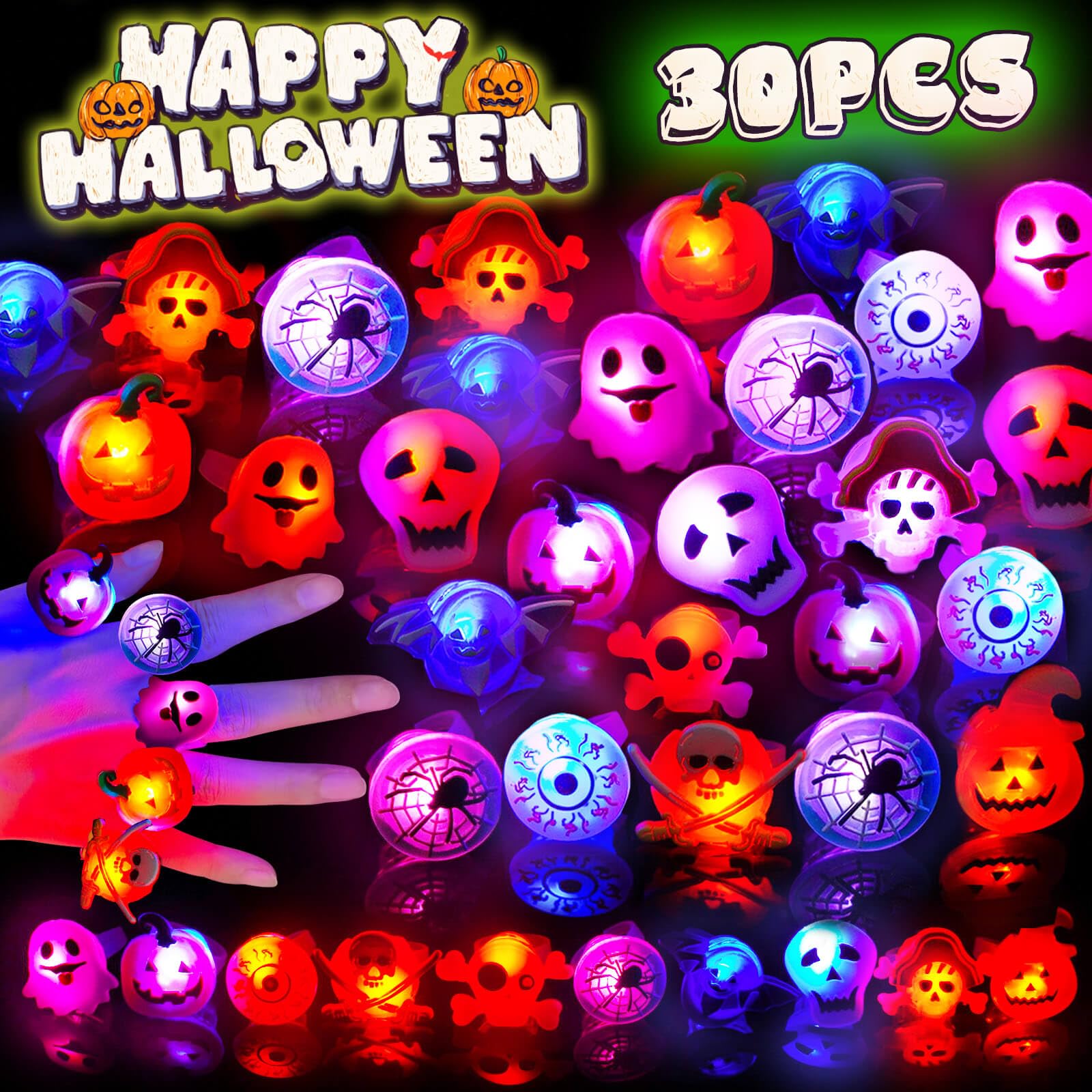 Photo 1 of 30Pcs Halloween Light Up Rings Halloween Party Favors for Kids Adults Glow in The Dark Led Rings Toys Bulk Non Candy Treats