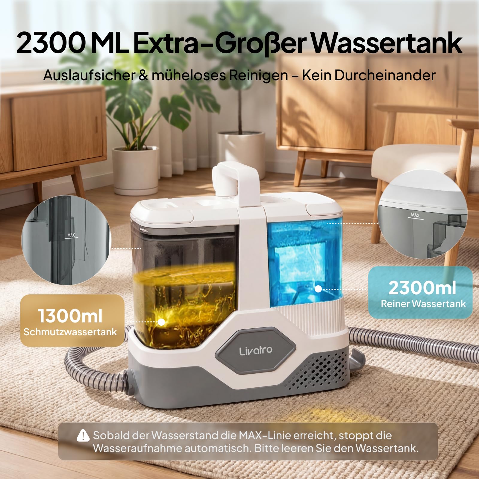 Livatro Polsterreiniger Gerät [600W Profi-Motor] Tragbarer Teppichreiniger Waschsauger 16KPa, Abnehmbarer 2,3L Tanks, Selbstreinigung, Nasssauger für Auto, Sofa, Matratze & Haustier - Schnelltrocknung 4