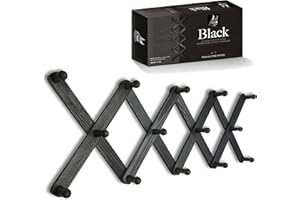 Mercurial Trade Expandable Wooden Coat Rack Hanger – Accordion Wall Mounted Pine Wood Hooks – Hand Made Vintage Expending Pegs – Hang Coat, Jacket, Hat, Leash, Towel, Scarf, Mug, Bag – Black