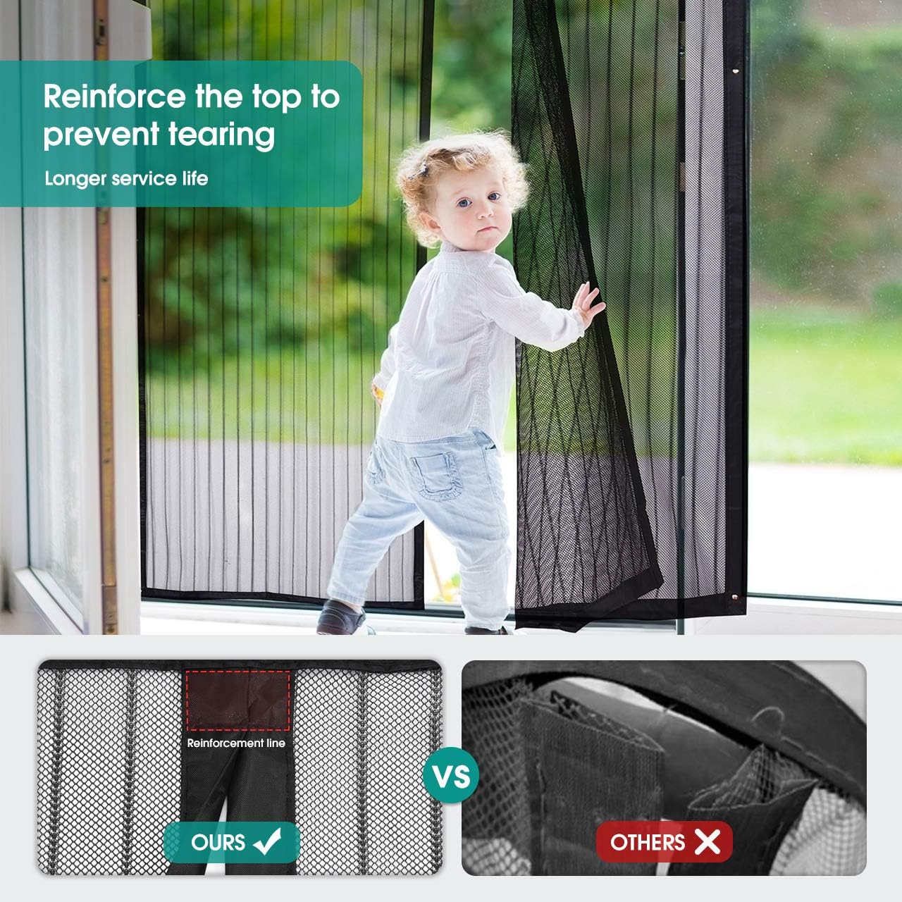 Homitt Magnetic Screen Door with Heavy Duty Mesh Curtain and Full Frame Hook&Loop, Hands Free, Pet and Kid Friendly, 39” x 83”, Black - - 