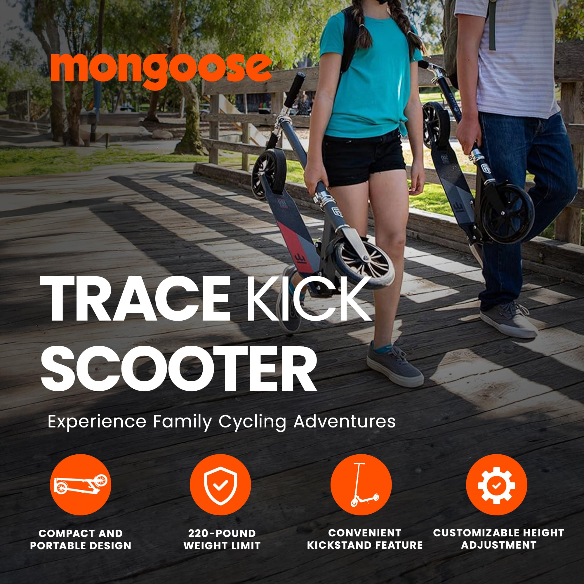 Mongoose Trace Kick Scooter for Youth Adult Boys and Girls, Quick-Release, Lightweight & Easy Folding Scooter, Bike Style Grips, Supports 176 lb Up to 220 lbs