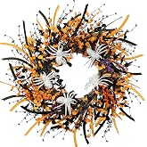 Sggvecsy Halloween Wreath 23inch Artificial Spider Wreath with Handmade Black Orange Leaves Orange Purple Berries Teeth Front Door Decorations for Outdoor Home Halloween Festival Decoration