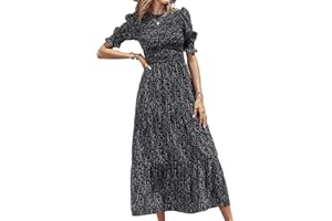 BTFBM Women Casual Summer Dresses 2024 Spring Crew Neck Ruffle Short Sleeve Floral Print Smocked Boho Flowy Maxi Dress