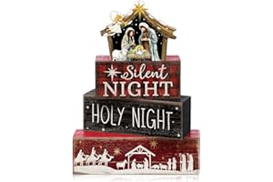 Moucuny 4 Pcs Christmas Table Decor Wooden Christian Religious Decoration Nativity Scene Centerpiece Holy Night Tiered Tray Decor Red and Black Buffalo Plaid Block Signs Xmas Decoration for Kitchen