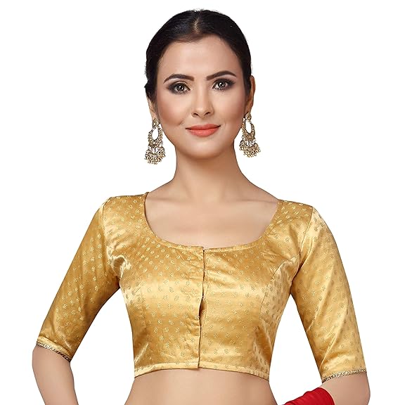 Women's Satin Zari Brocade Vibrant Colours Stitched Saree Blouse.