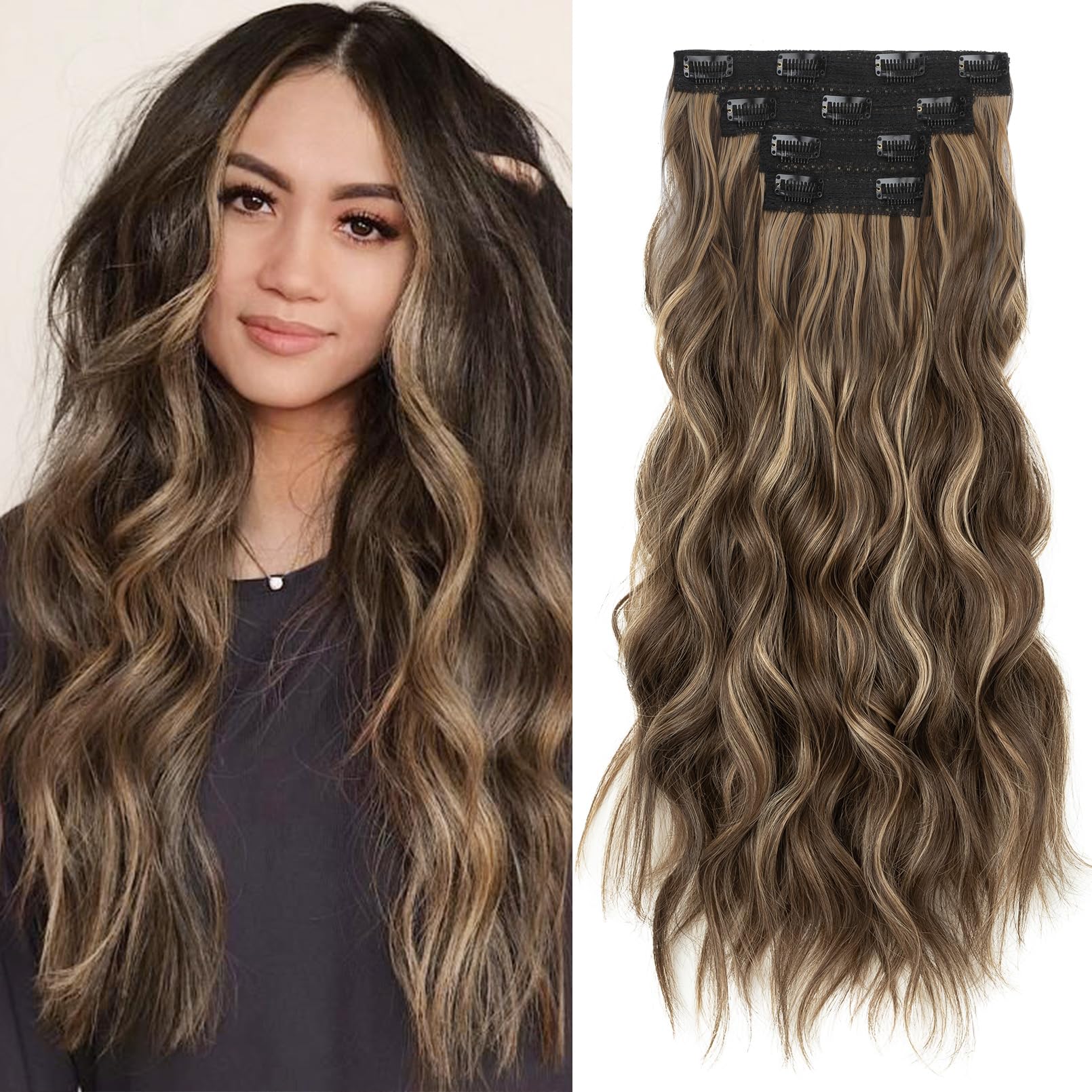 Photo 1 of REECHO Hair Extensions, 4PCS Clip in Hair Extensions 24" Thick Long Brown hair extensions HE003 Invisible Lace Weft Natural Soft Synthetic Hairpieces for Women – Chocolate Brown with Blonde Highlights