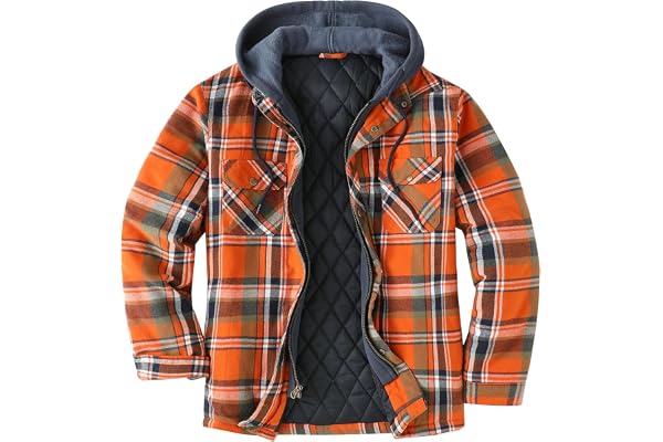 ZENTHACE Men's Quilted Lined Hooded Plaid Jacket,Zipper & Snap Closure | Insulated Flannel Shacket,Adjustable Hood,Satin Ther