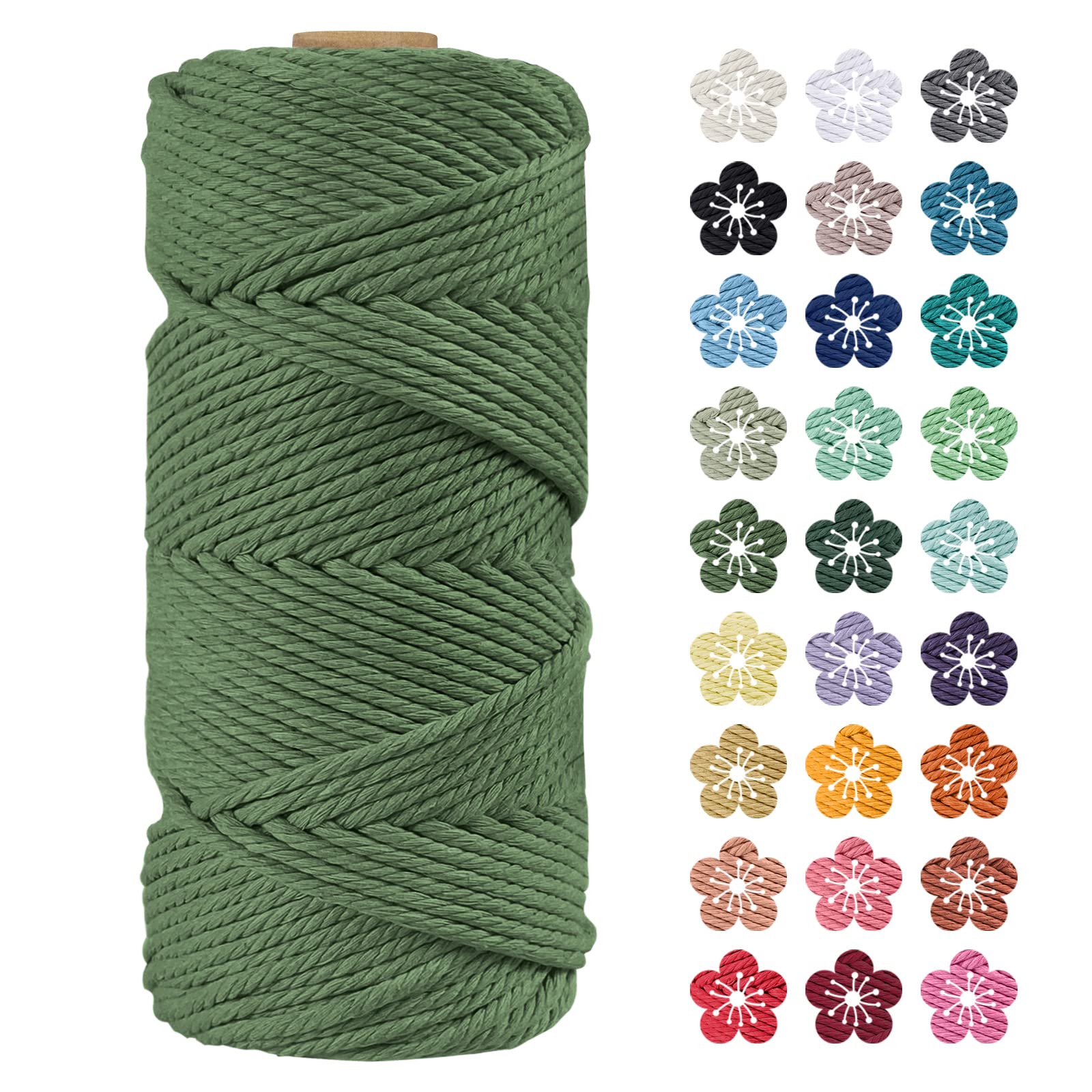LEREATI Macrame Cord 4mm x 100m, Thick Macrame Rope Natural Cotton Rope Craft String, 4 Strand Twisted Cotton Cord Yarn for DIY Plant Hanger, Wall Hanging, Christmas Decoration (Army green)