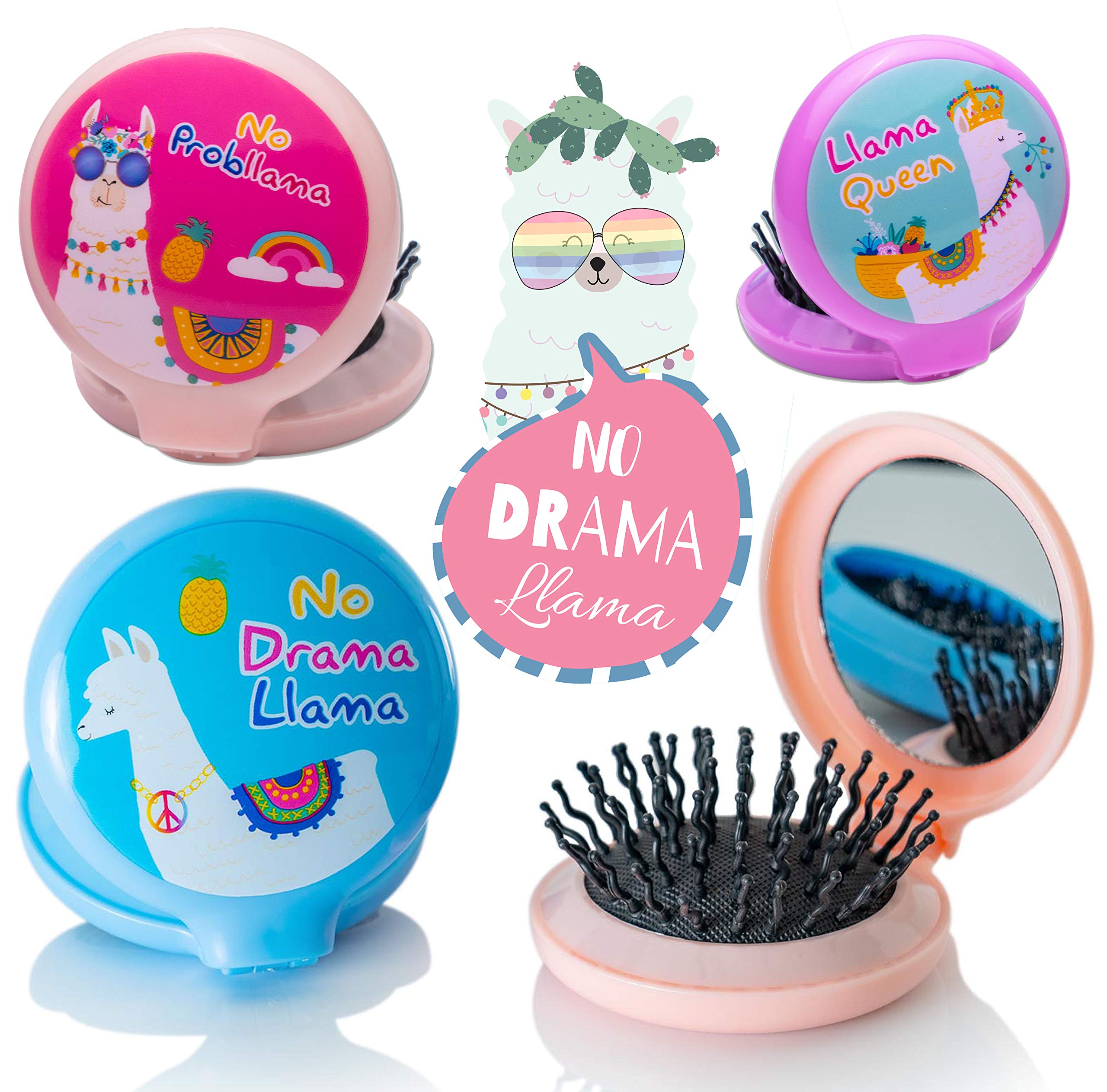 Gifton - Round Llama Travel Hair Brush with Mirror Folding Pocket Hair Brush Mini Hair Comb Compact Travel Size Hair Massage Combor for Women and Girls (One Supplied)