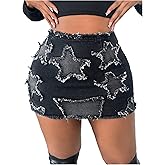 WDIRARA Women's Plus Size Y2k Star Patch High Waist Denim Skirt Distressed Bodycon Mini Skirts