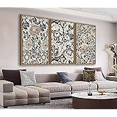 Large Flowers Wall Art for Living Room Natural Wood Float Framed Art Set of 3 William Morris Floral Canvas Pictures Vintage Artwork Botanical Canvas Poster Prints for Bedroom Wall Decor 16"X24"X3