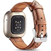 Maledan Top Grain Leather Compatible with Fitbit Versa 4 Bands for Women Men, Breathable Slim & Thin Strap Replacement Accessory Wrist band for Fitbit Versa 3/Sense/Sense 2 Smartwatch, Brown