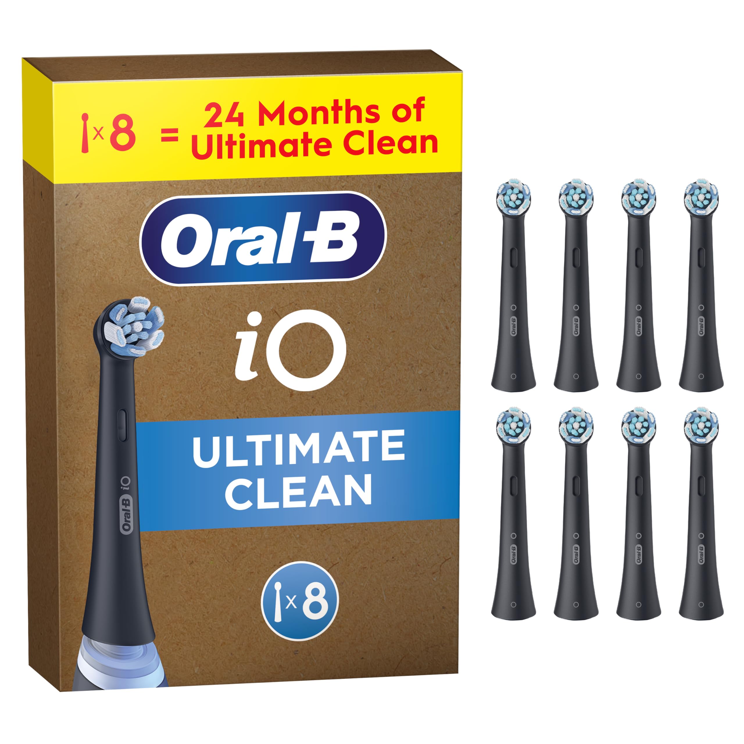 Oral-B iO Ultimate Clean Original Electric Toothbrush Heads, Black, Pack of 8, Replacement Heads with Angled Bristles for Deep Plaque Removal, Long-Lasting Multi-Pack for Home and Travel
